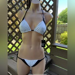 W Swim Swimsuit String Bikini Women’s JR Sz XS Black White Contrast Print Sexy